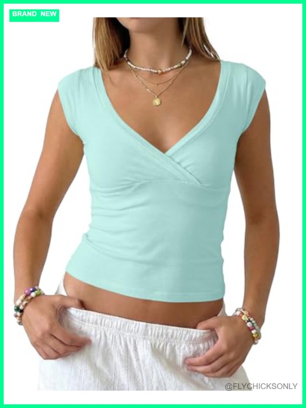 Women's Deep V Neck Crop Tank Top Cap Sleeve Slim Fit Y2K Summer Basic Tee
